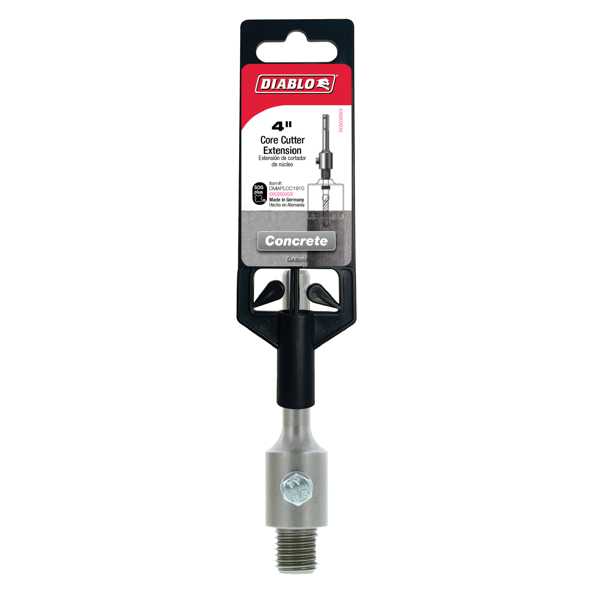 Diablo 4 inch SDS-Plus core bit extension with black grip handle and metal shaft for concrete drilling.