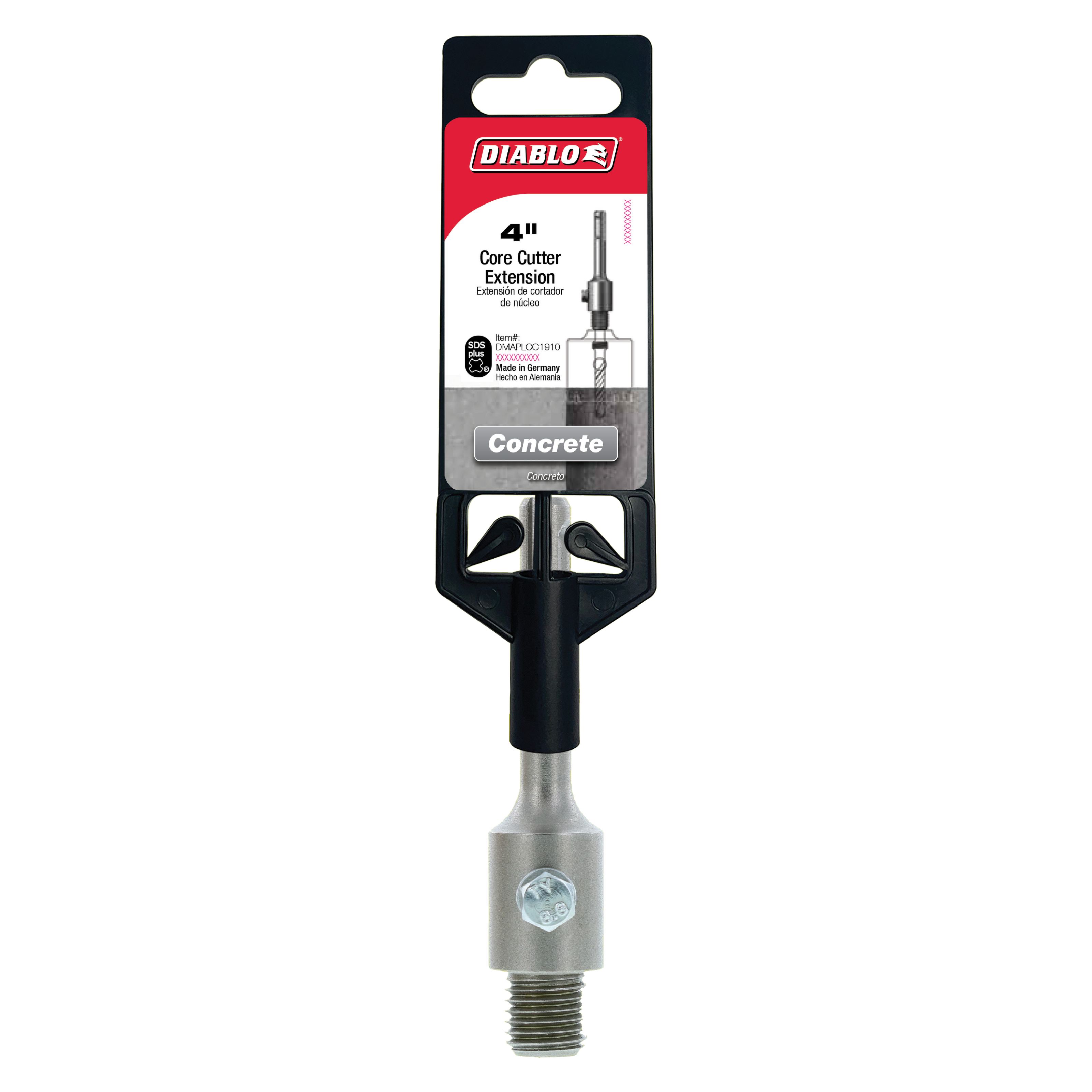 Diablo 4 inch SDS-Plus core bit extension with black grip handle and metal shaft for concrete drilling.