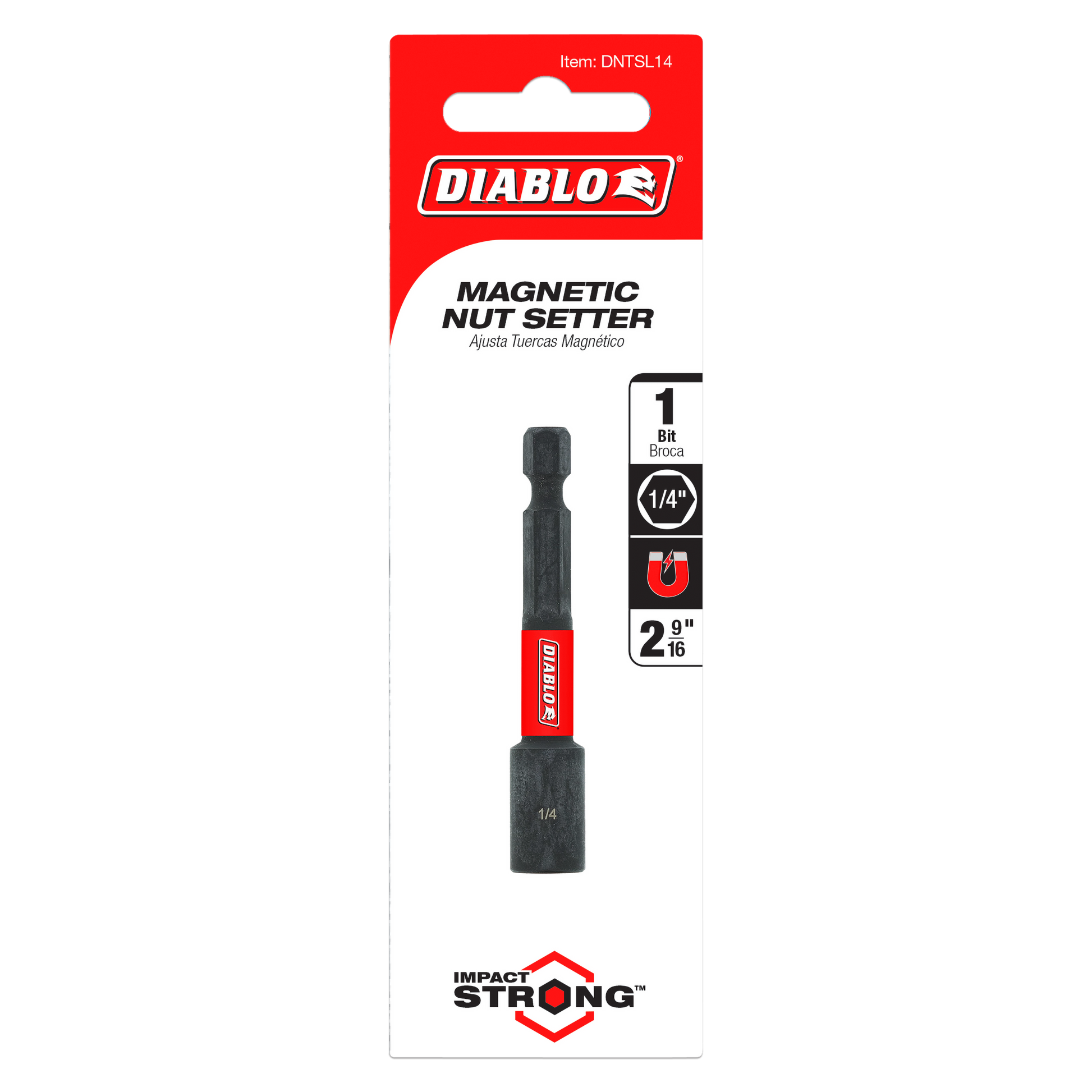 Black magnetic nut setter with red grip band on packaging card with Diablo branding and specifications.