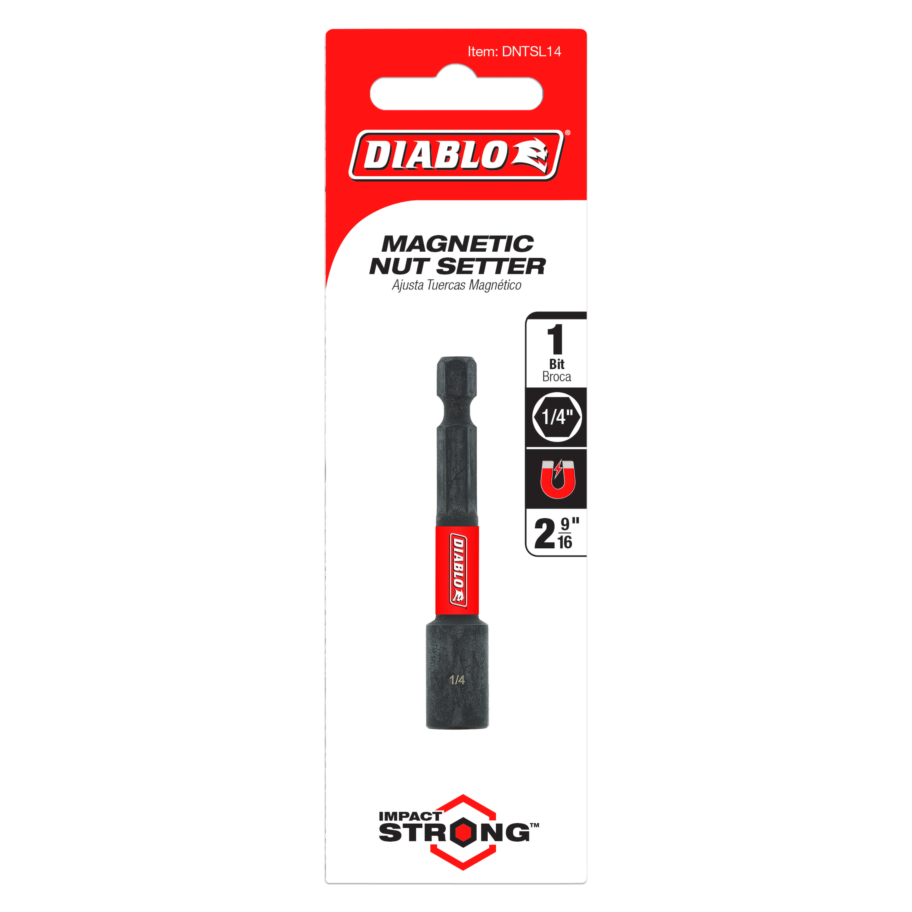 Black magnetic nut setter with red grip band on packaging card with Diablo branding and specifications.