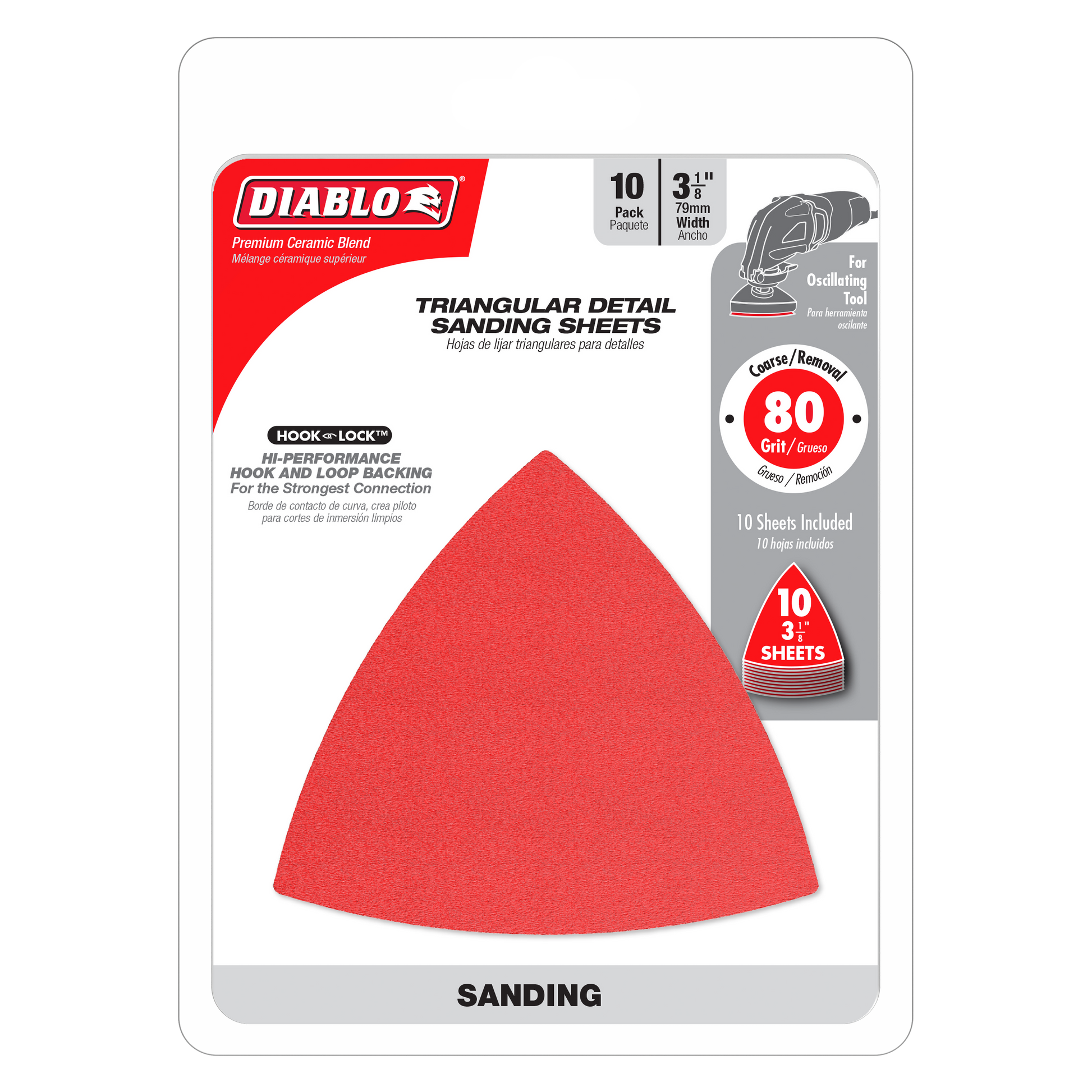 Red triangular sanding sheets with hook-and-loop backing for oscillating detail sanders, 80-grit coarse, 10-pack.