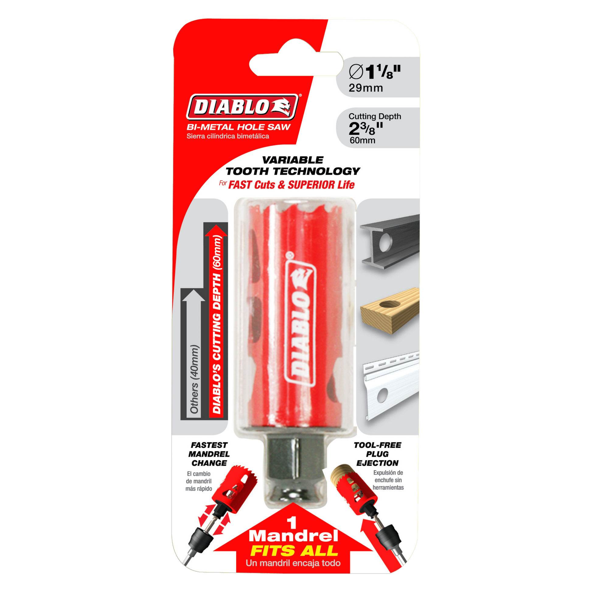 Diablo bi-metal hole saw with 1-1/8 inch diameter, 2-3/8 inch cutting depth, red cylindrical body with variable tooth technol