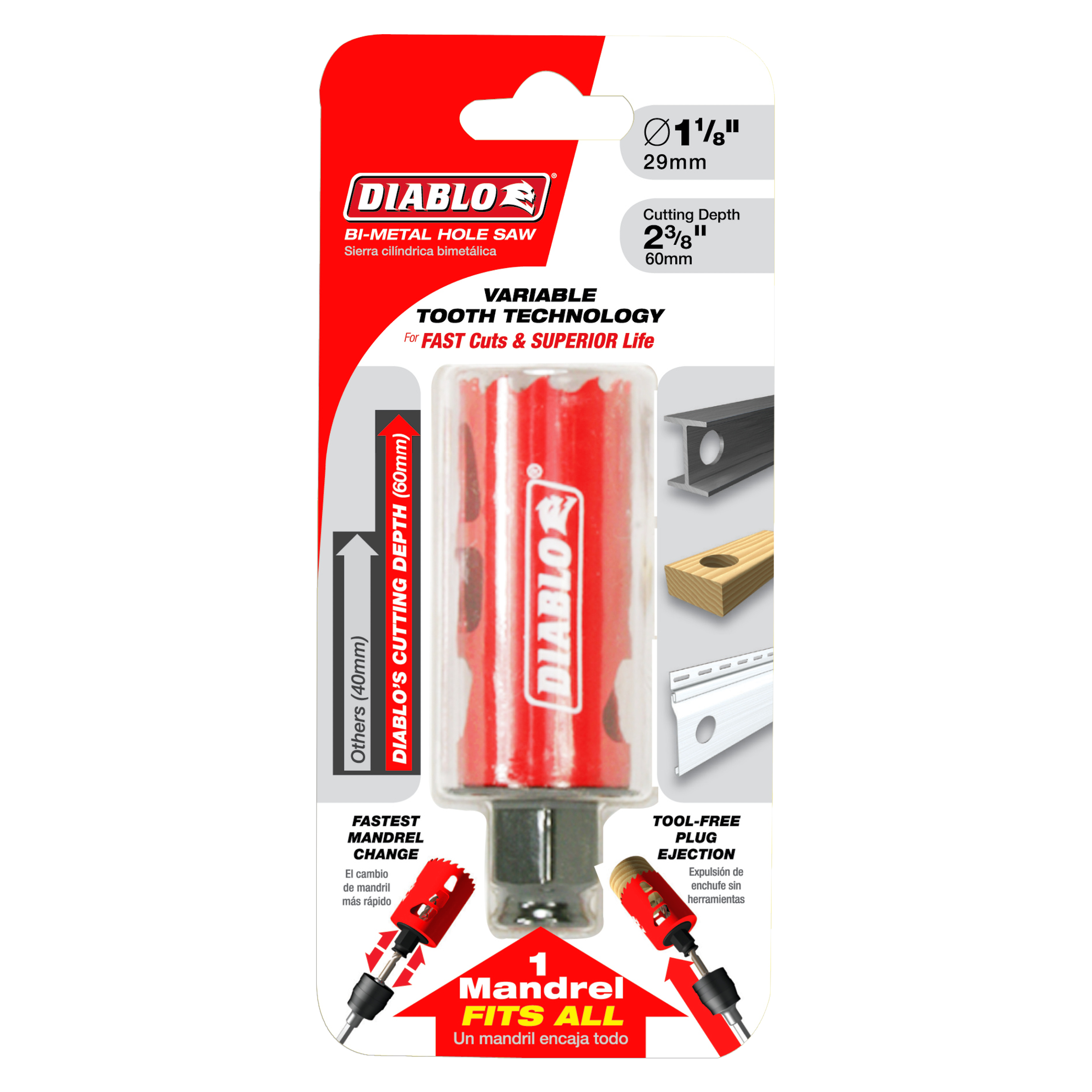 Diablo bi-metal hole saw with 1-1/8 inch diameter, 2-3/8 inch cutting depth, red cylindrical body with variable tooth technol