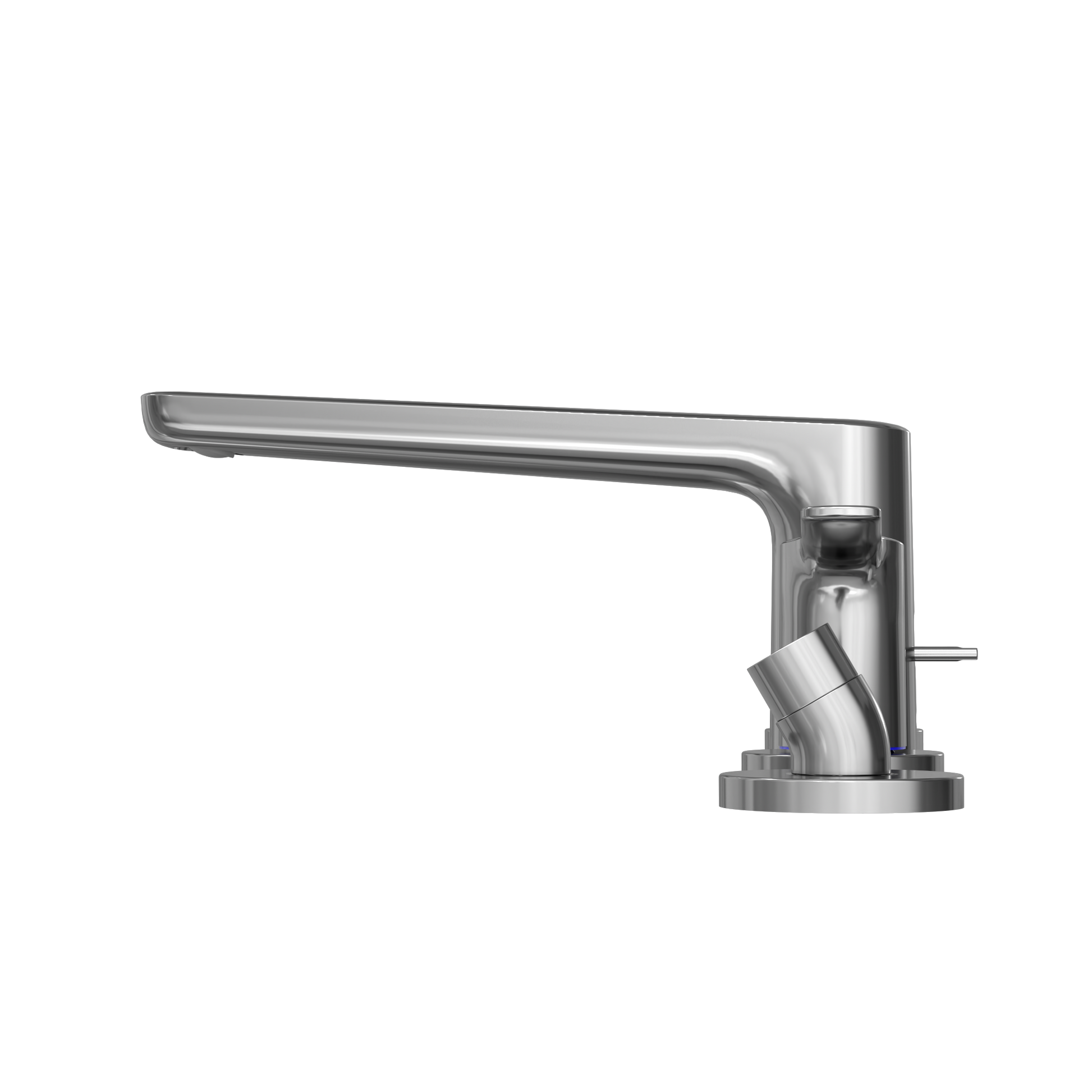 Polished chrome four-hole roman tub filler with extended spout and detachable handshower.