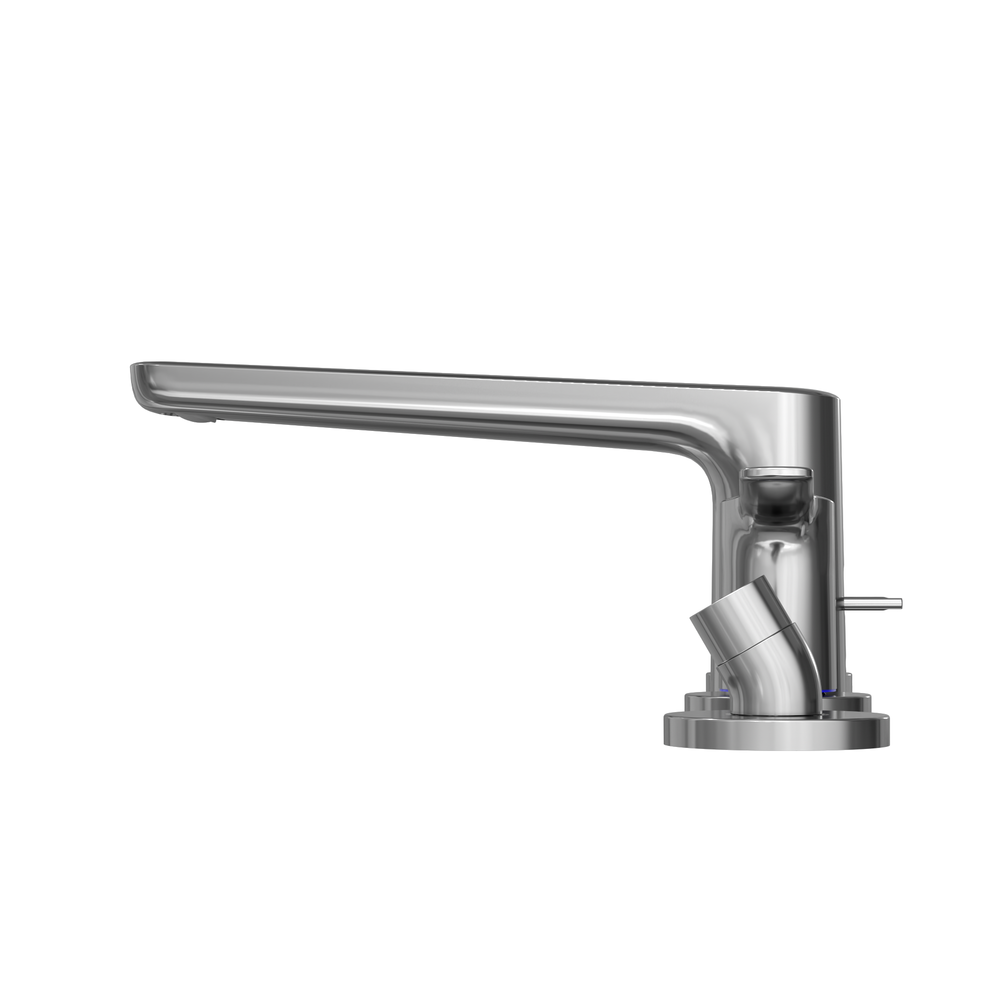 Polished chrome four-hole roman tub filler with extended spout and detachable handshower.