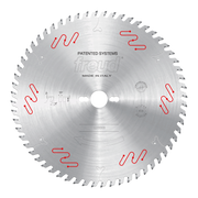 Circular saw blade with silver steel body, triangular cutting teeth around perimeter, central arbor hole, red wavy marking pa