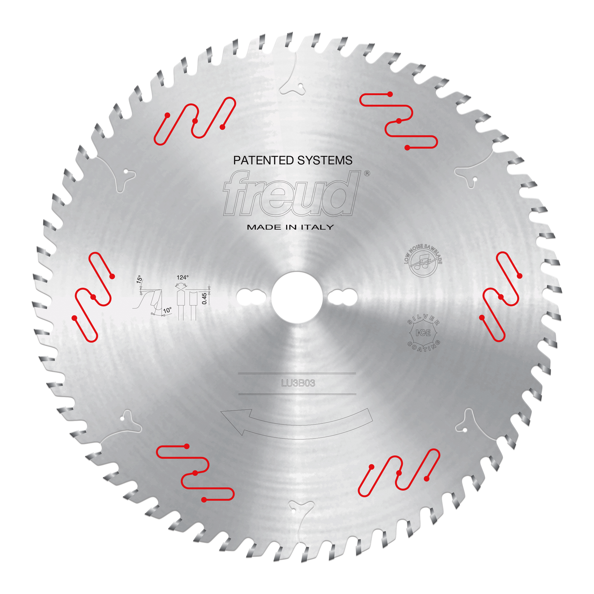 Circular saw blade with silver steel body, triangular cutting teeth around perimeter, central arbor hole, red wavy marking pa