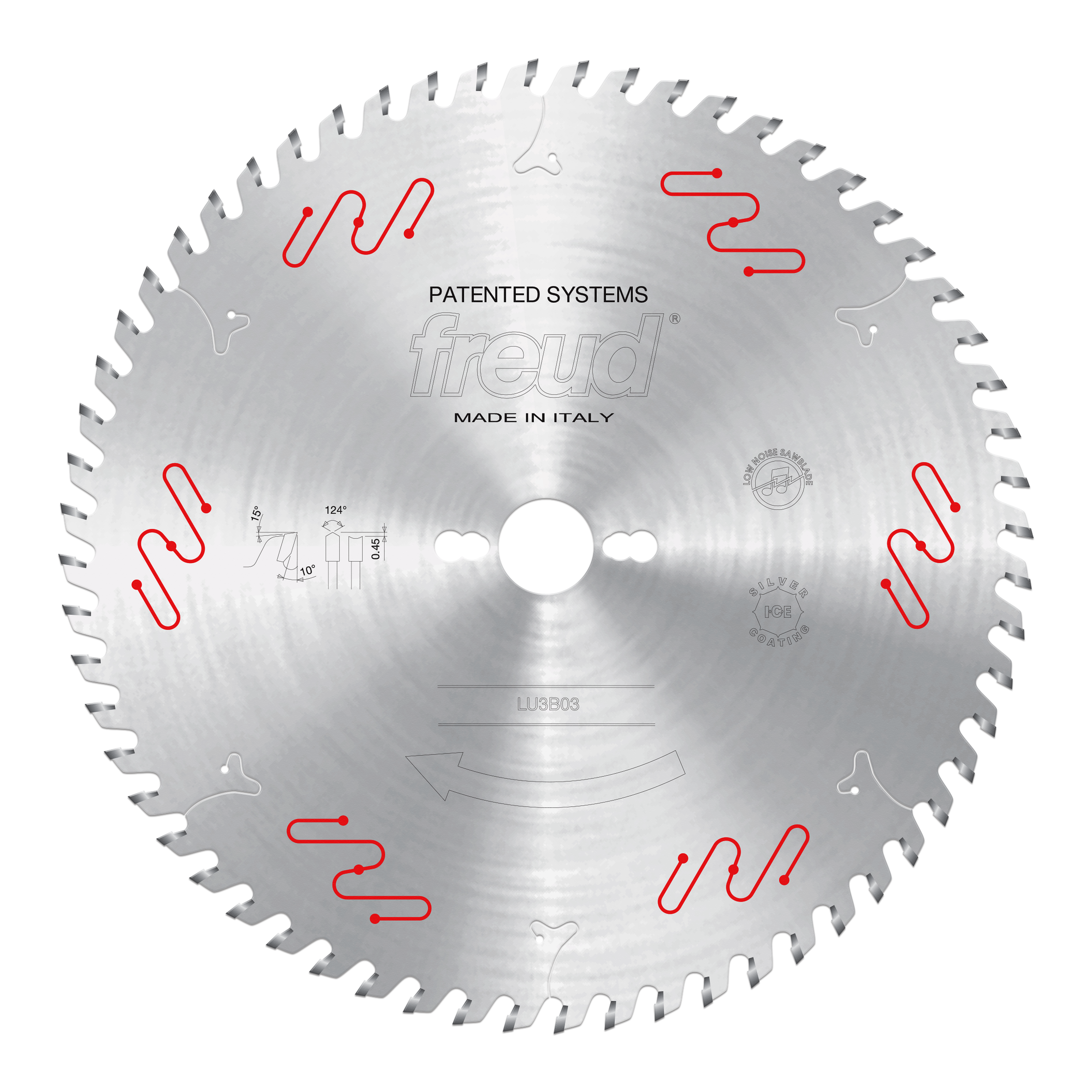 Circular saw blade with silver steel body, triangular cutting teeth around perimeter, central arbor hole, red wavy marking pa