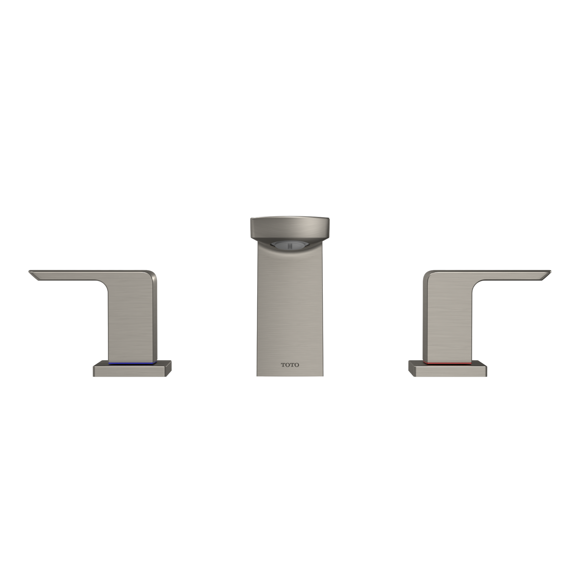 Brushed nickel two-handle roman tub filler trim with cylindrical center spout and rectangular side handles.