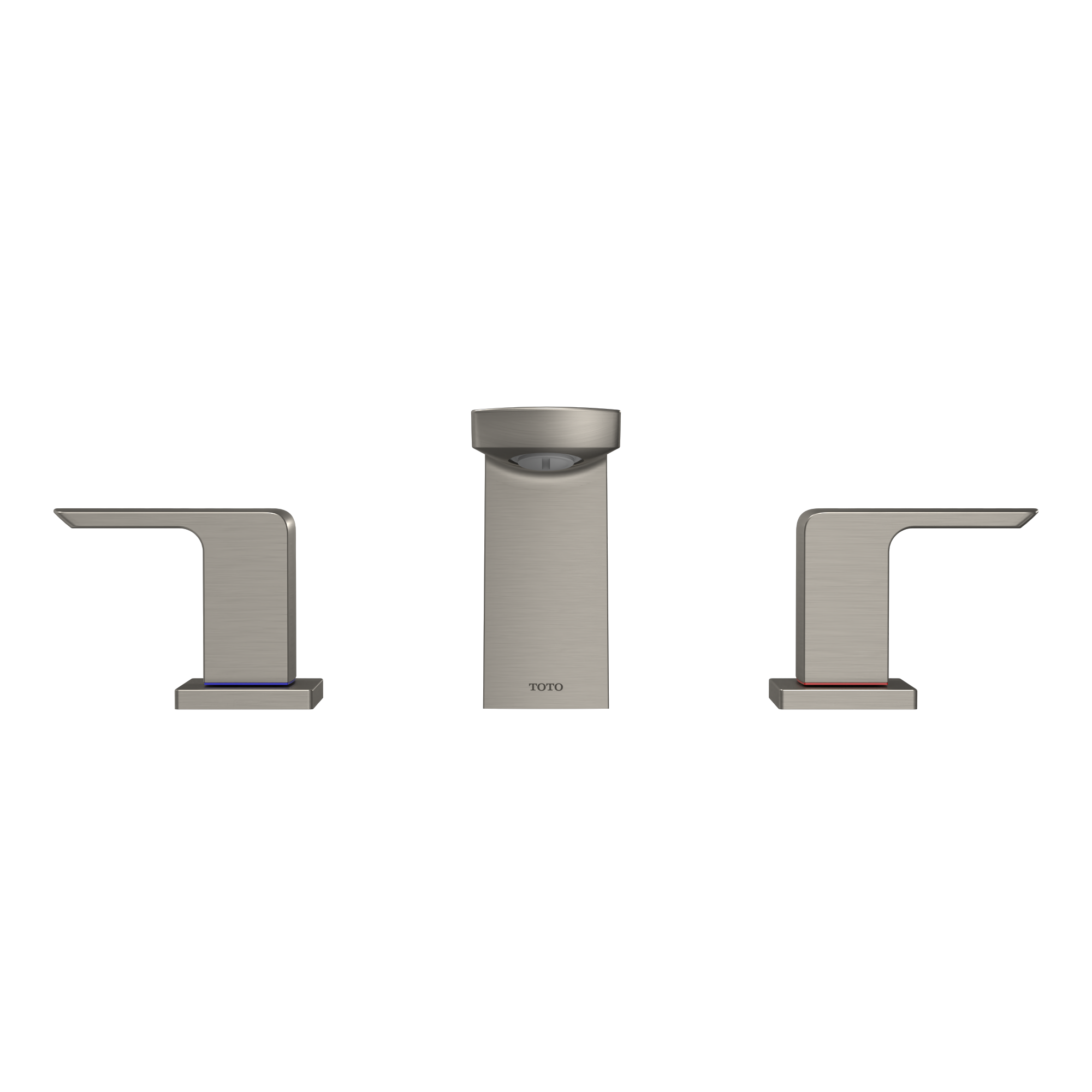 Brushed nickel two-handle roman tub filler trim with cylindrical center spout and rectangular side handles.