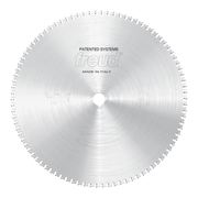 Circular silver sawblade with white teeth around perimeter, center hole, and Freud branding, designed for cutting ferrous met