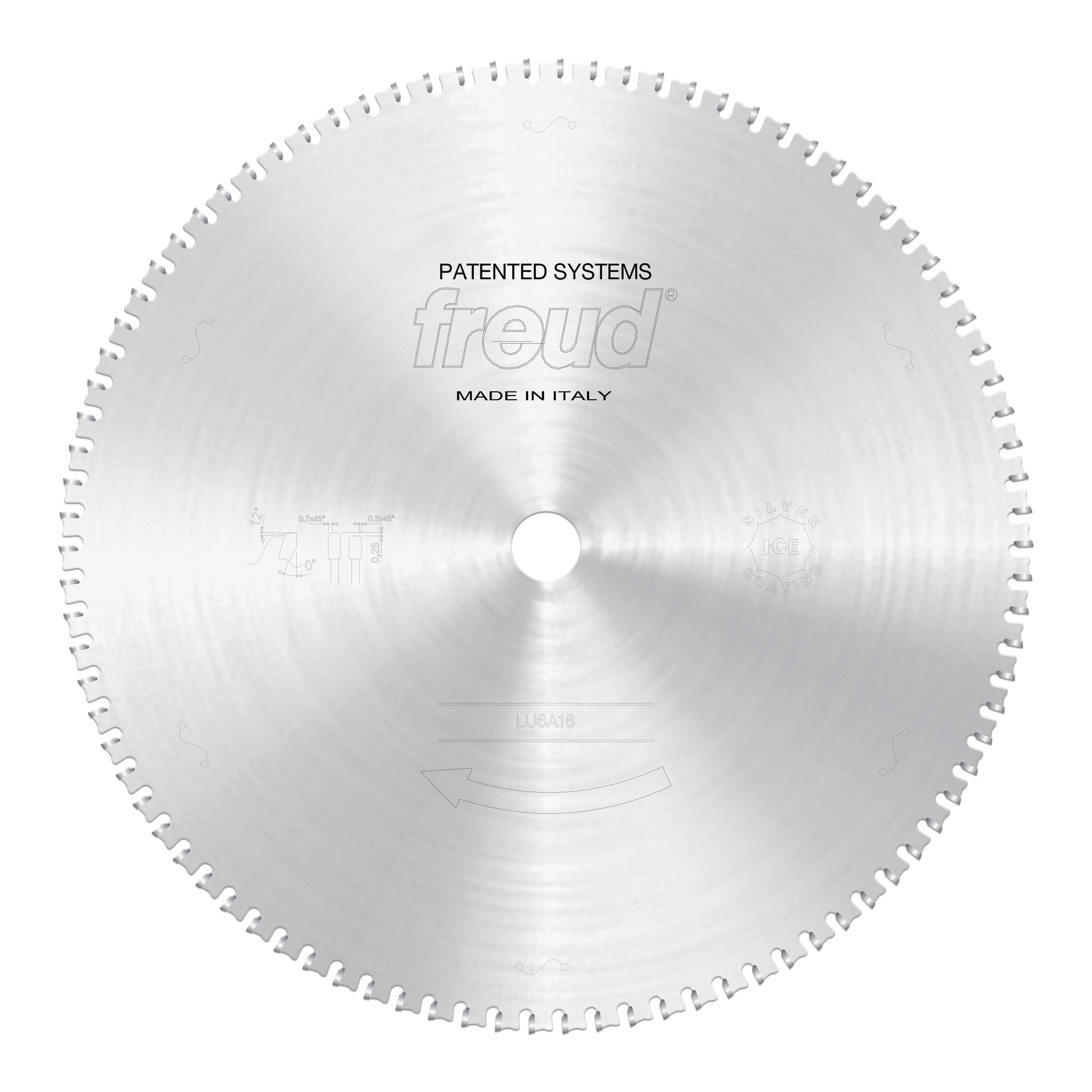 Circular silver sawblade with white teeth around perimeter, center hole, and Freud branding, designed for cutting ferrous met