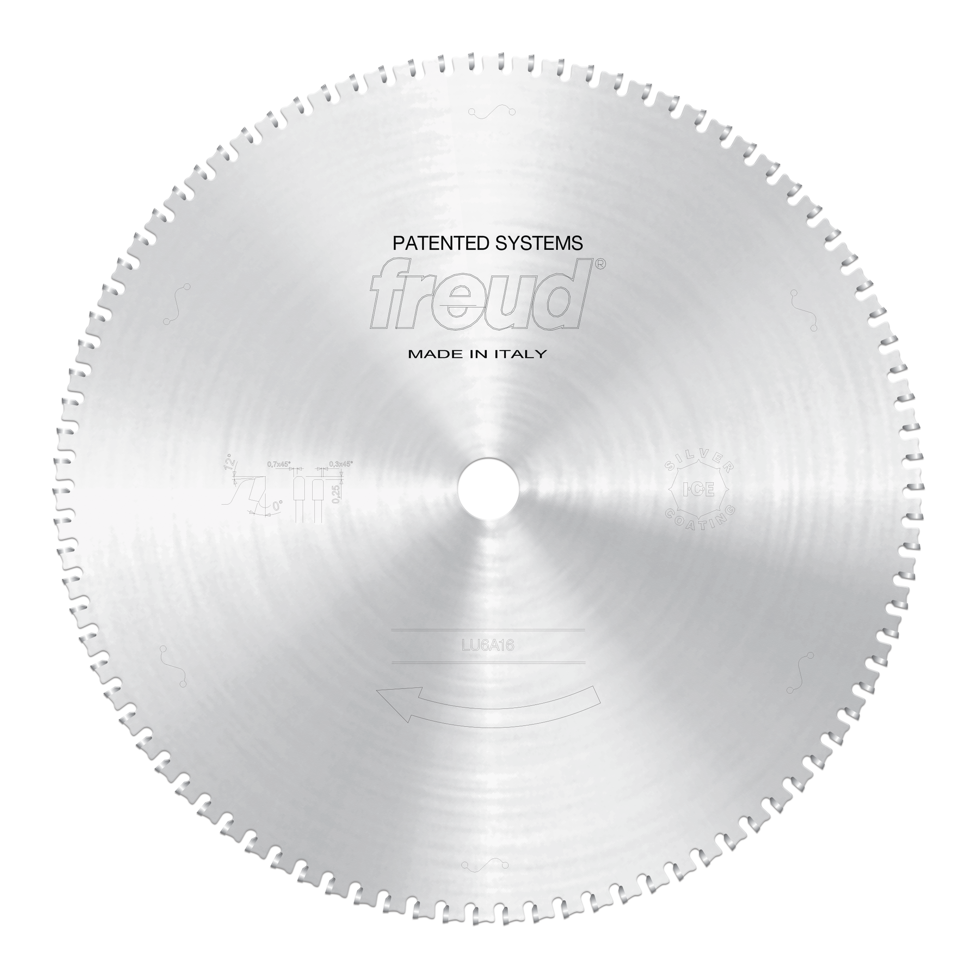 Circular silver sawblade with white teeth around perimeter, center hole, and Freud branding, designed for cutting ferrous met