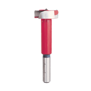 Silver and red Forstner bit with cylindrical red body and cutting head, mounted on metal shank.