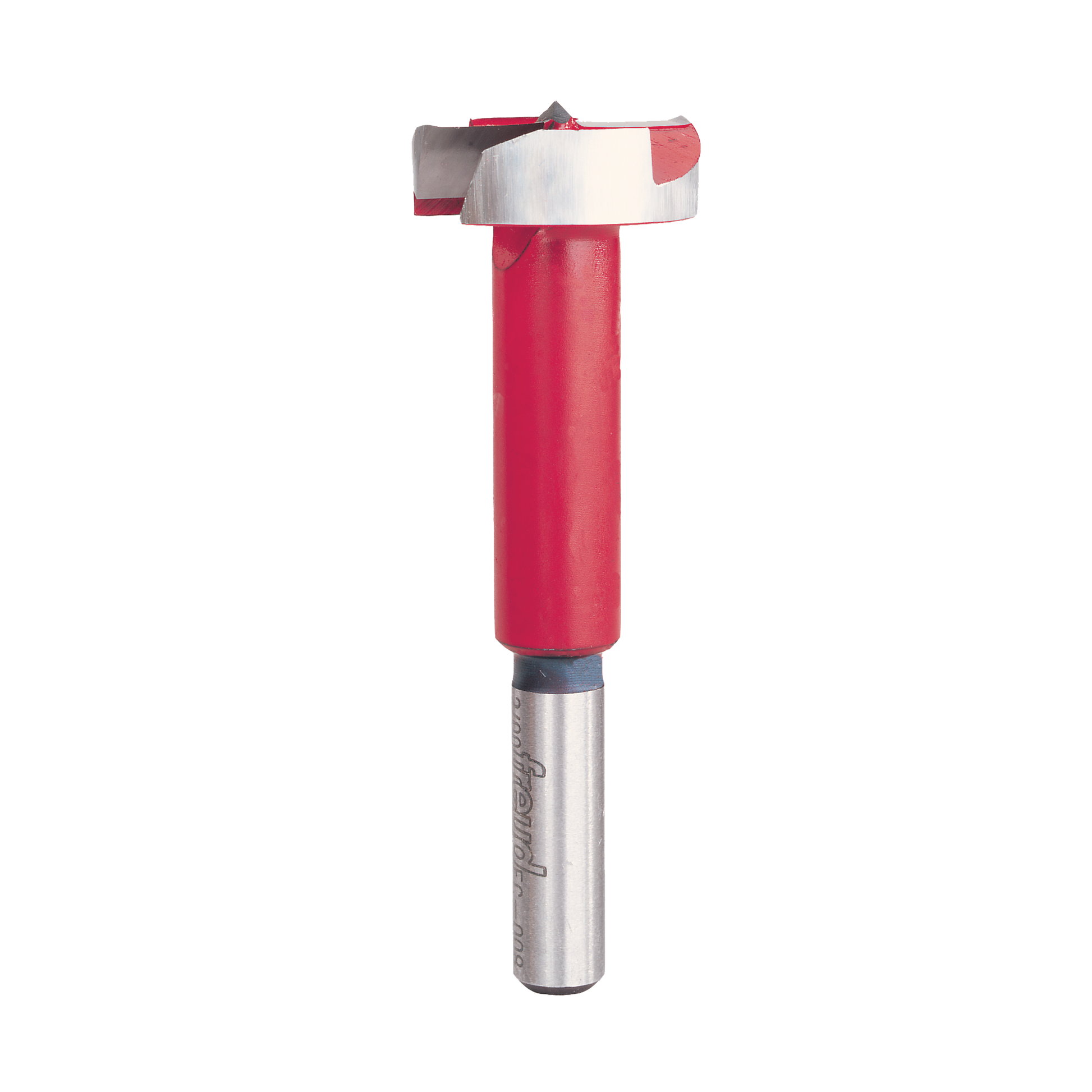 Silver and red Forstner bit with cylindrical red body and cutting head, mounted on metal shank.