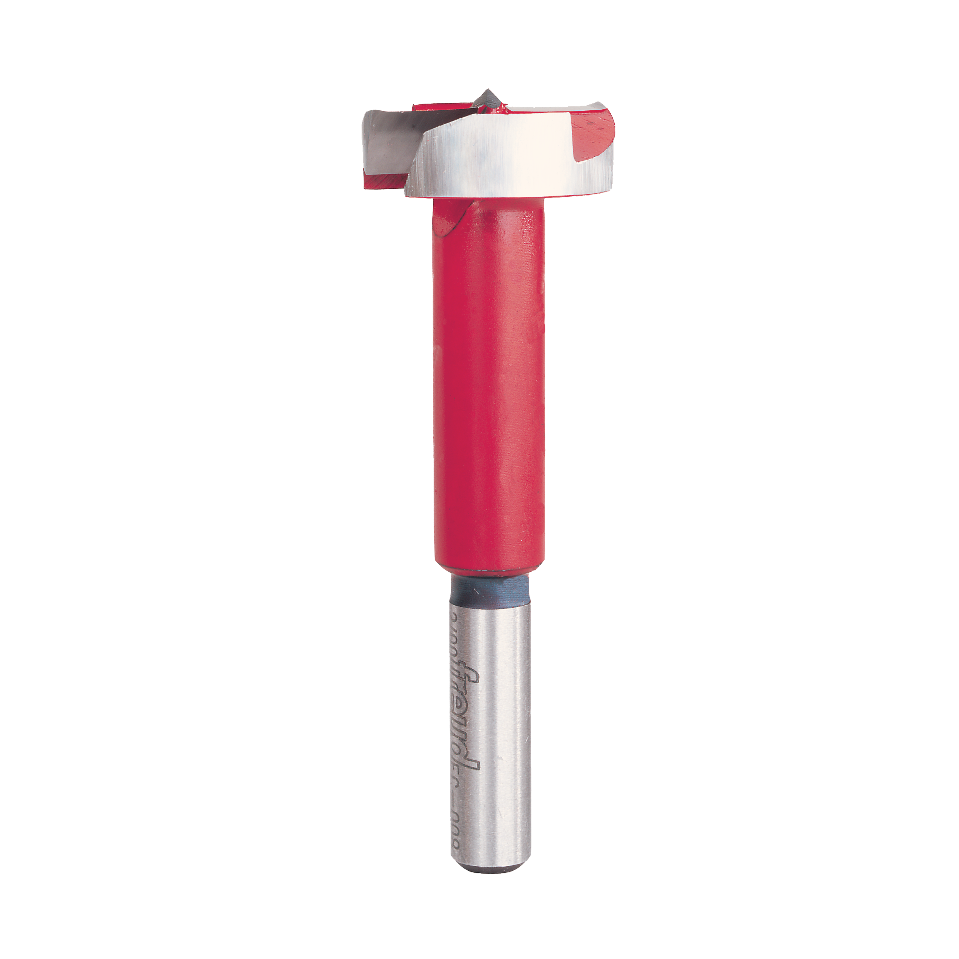 Silver and red Forstner bit with cylindrical red body and cutting head, mounted on metal shank.