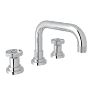 Polished chrome widespread bathroom faucet with arched spout and two circular knob handles.