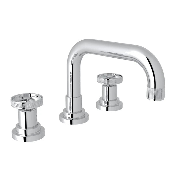 Polished chrome widespread bathroom faucet with arched spout and two circular knob handles.