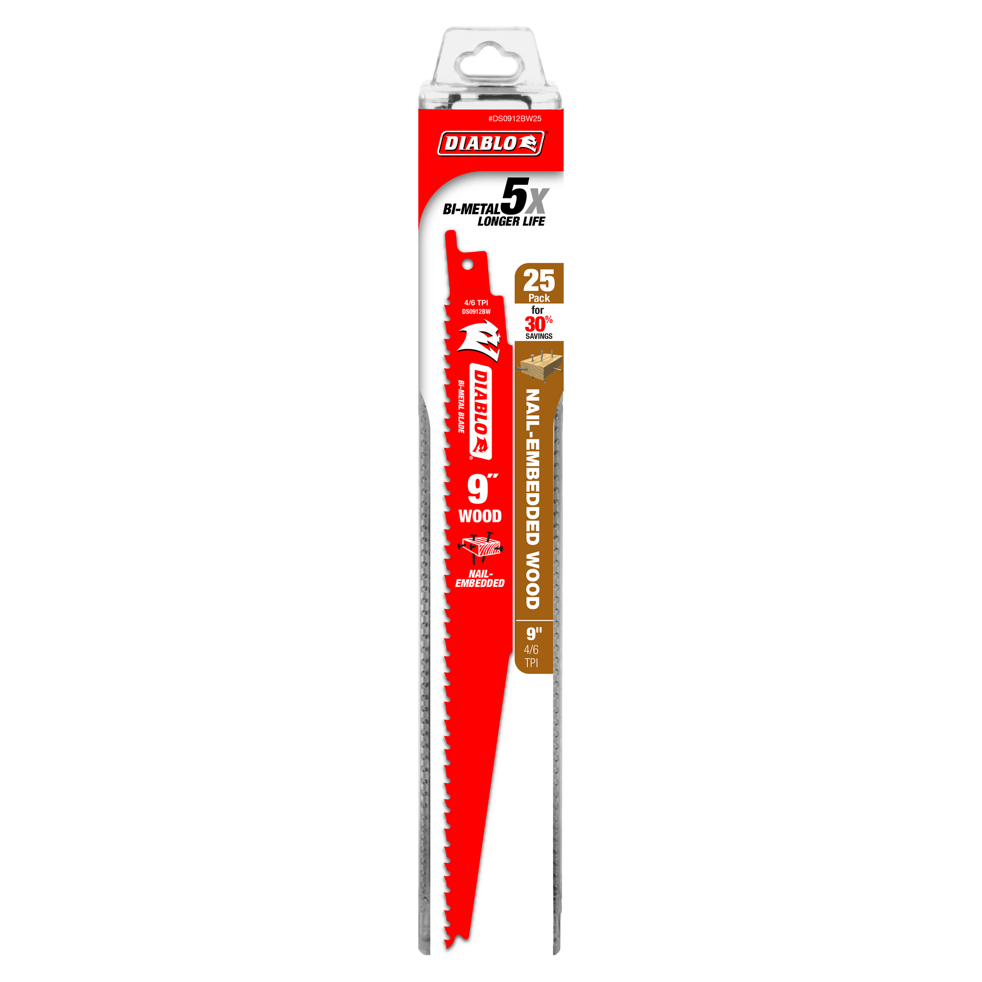 Diablo 9-inch bi-metal reciprocating saw blade with red coating and serrated edge in clear plastic packaging.