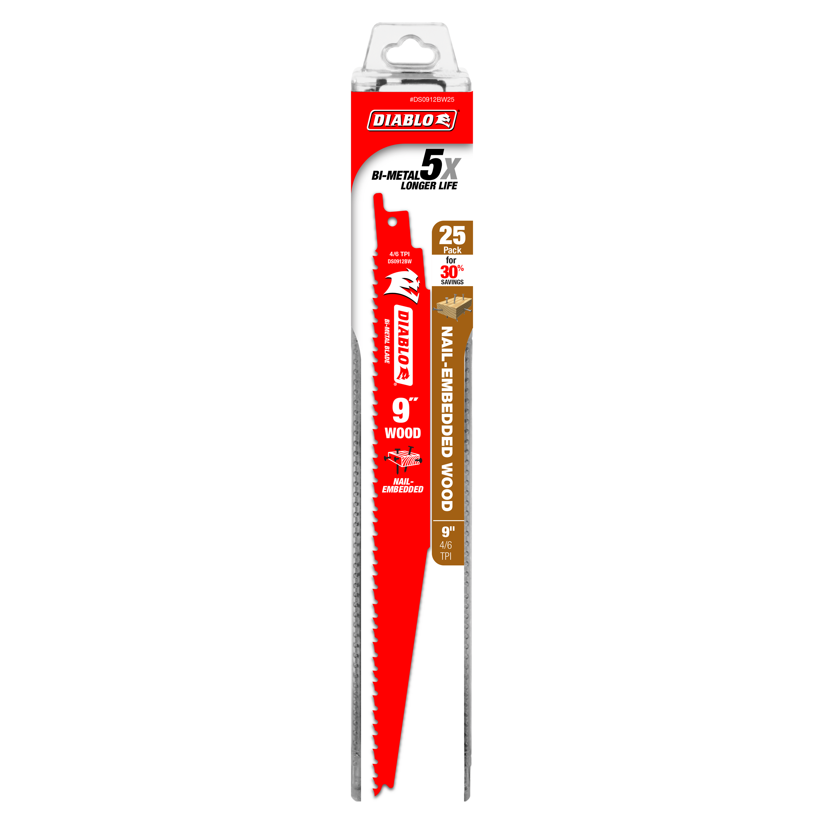 Diablo 9-inch bi-metal reciprocating saw blade with red coating and serrated edge in clear plastic packaging.
