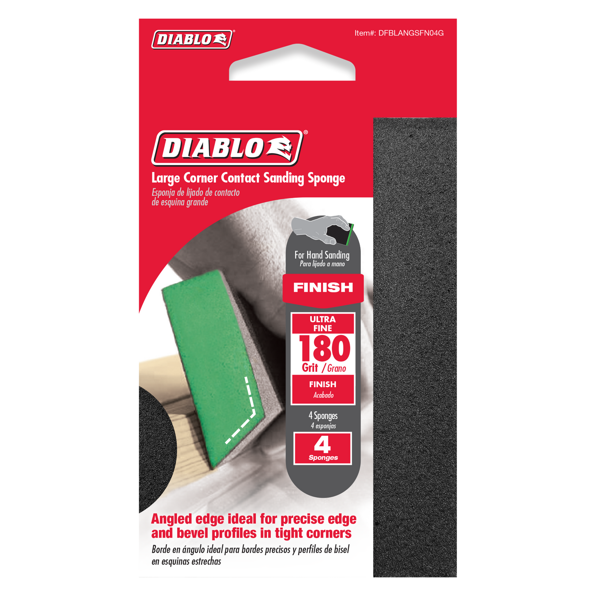 Four-pack of green and gray corner contact sanding sponges with 180-grit ultra-fine surface for hand sanding.