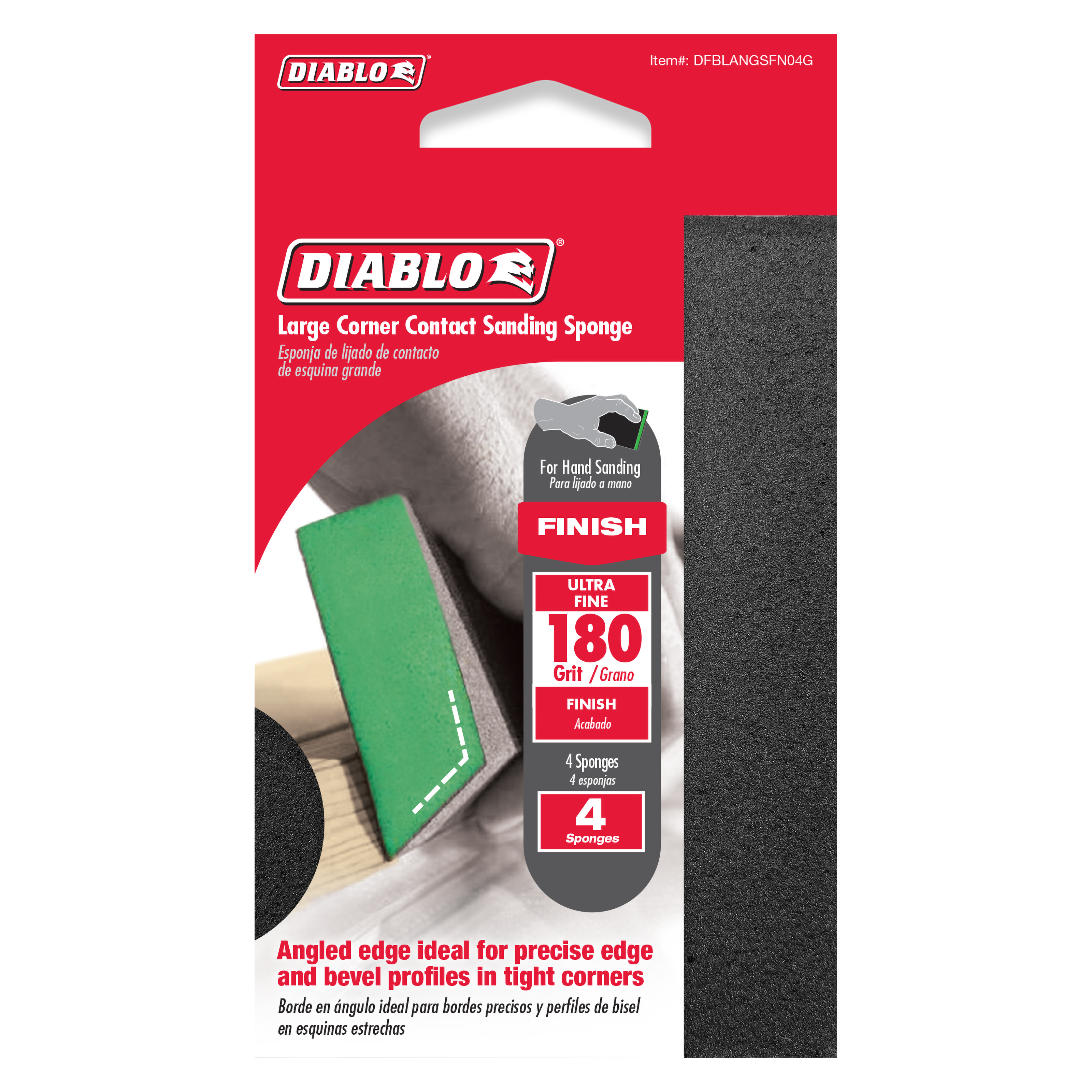 Four-pack of green and gray corner contact sanding sponges with 180-grit ultra-fine surface for hand sanding.
