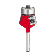 Red and silver bevel trim router bit with ball bearing guide and metal shank.