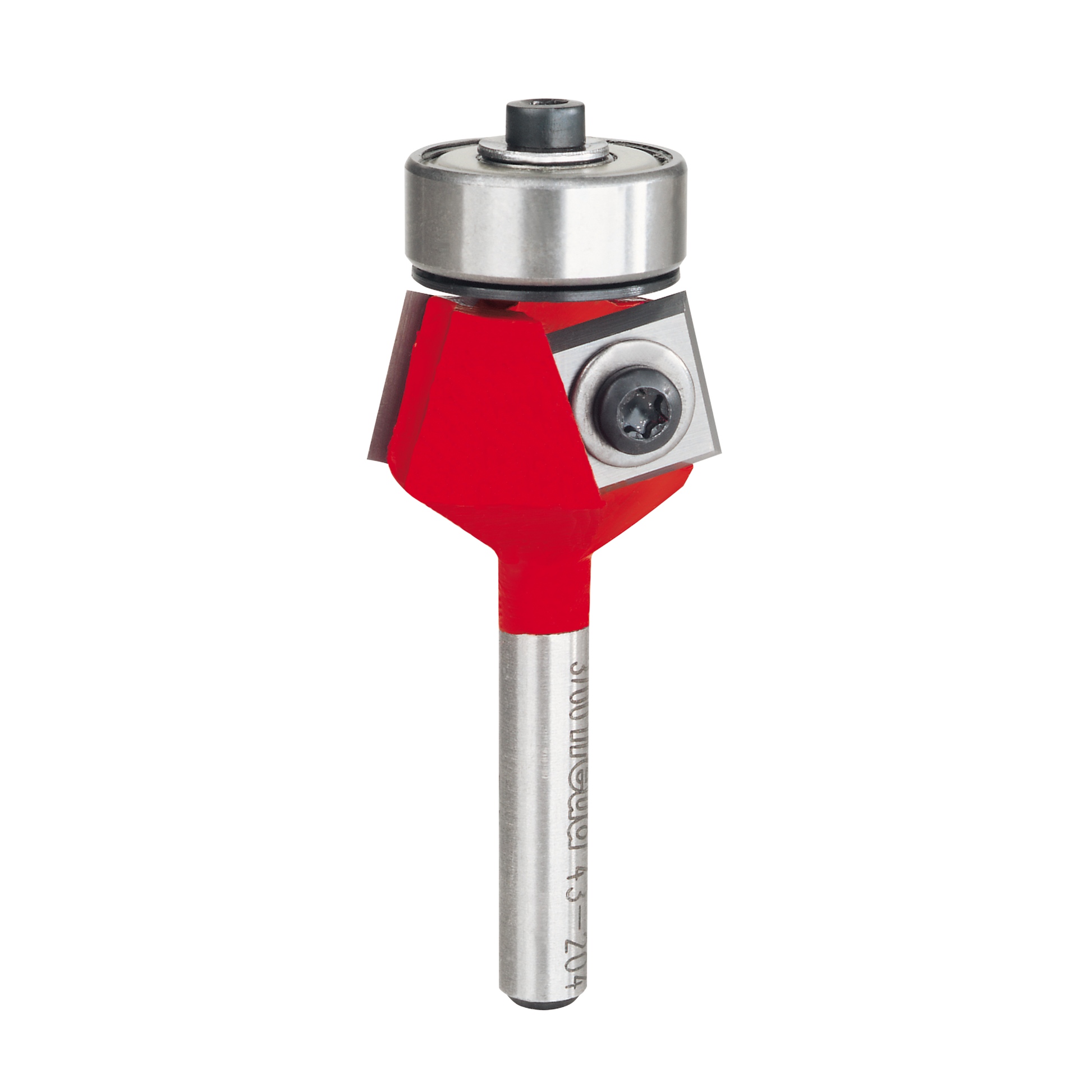 Red and silver bevel trim router bit with ball bearing guide and metal shank.