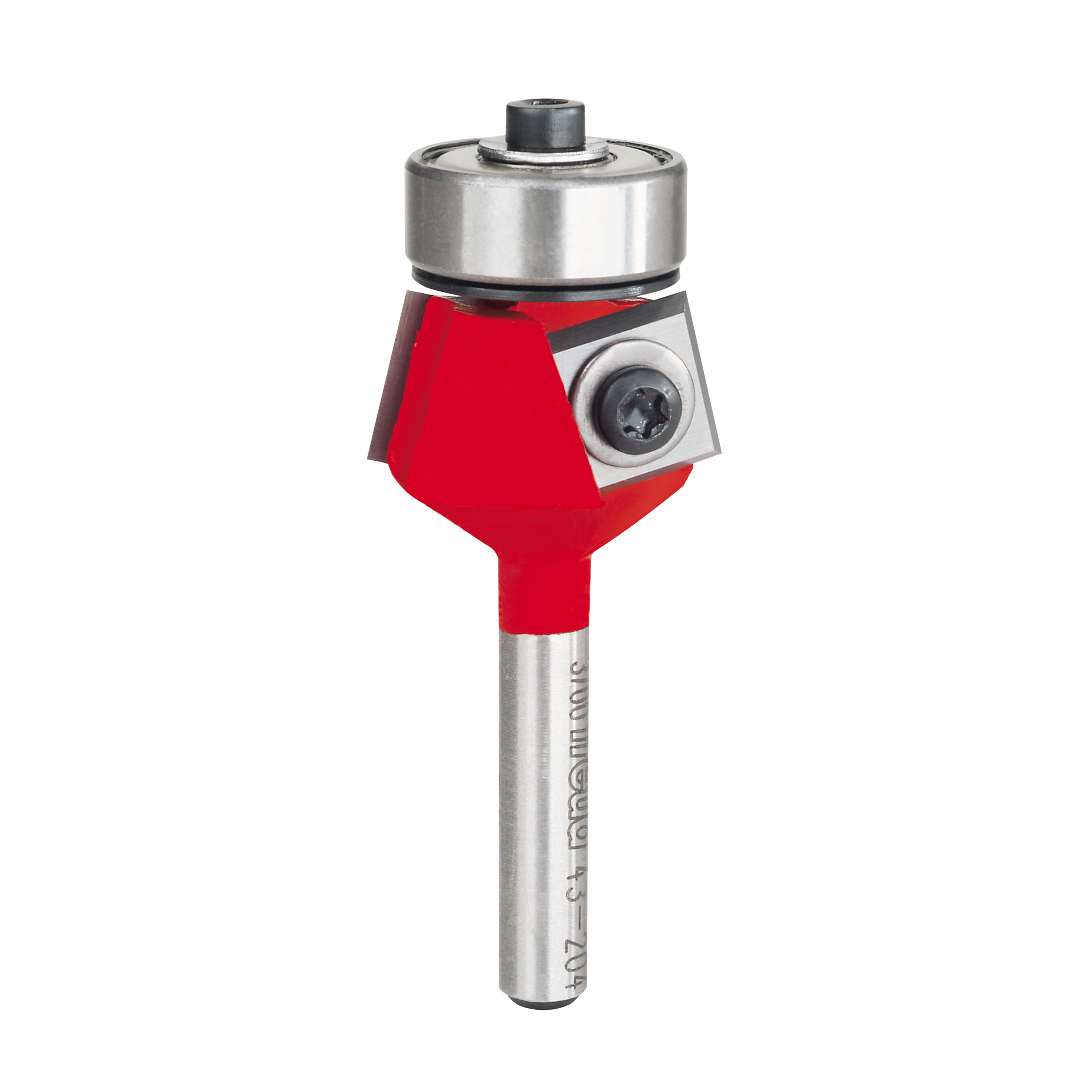Red and silver bevel trim router bit with ball bearing guide and metal shank.