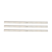 Three metal planer and jointer knife blades with Freud branding arranged horizontally.