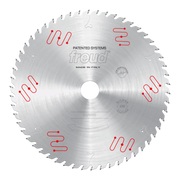 Circular saw blade with carbide-tipped teeth, silver finish, center arbor hole, and red patent system markings around the edg