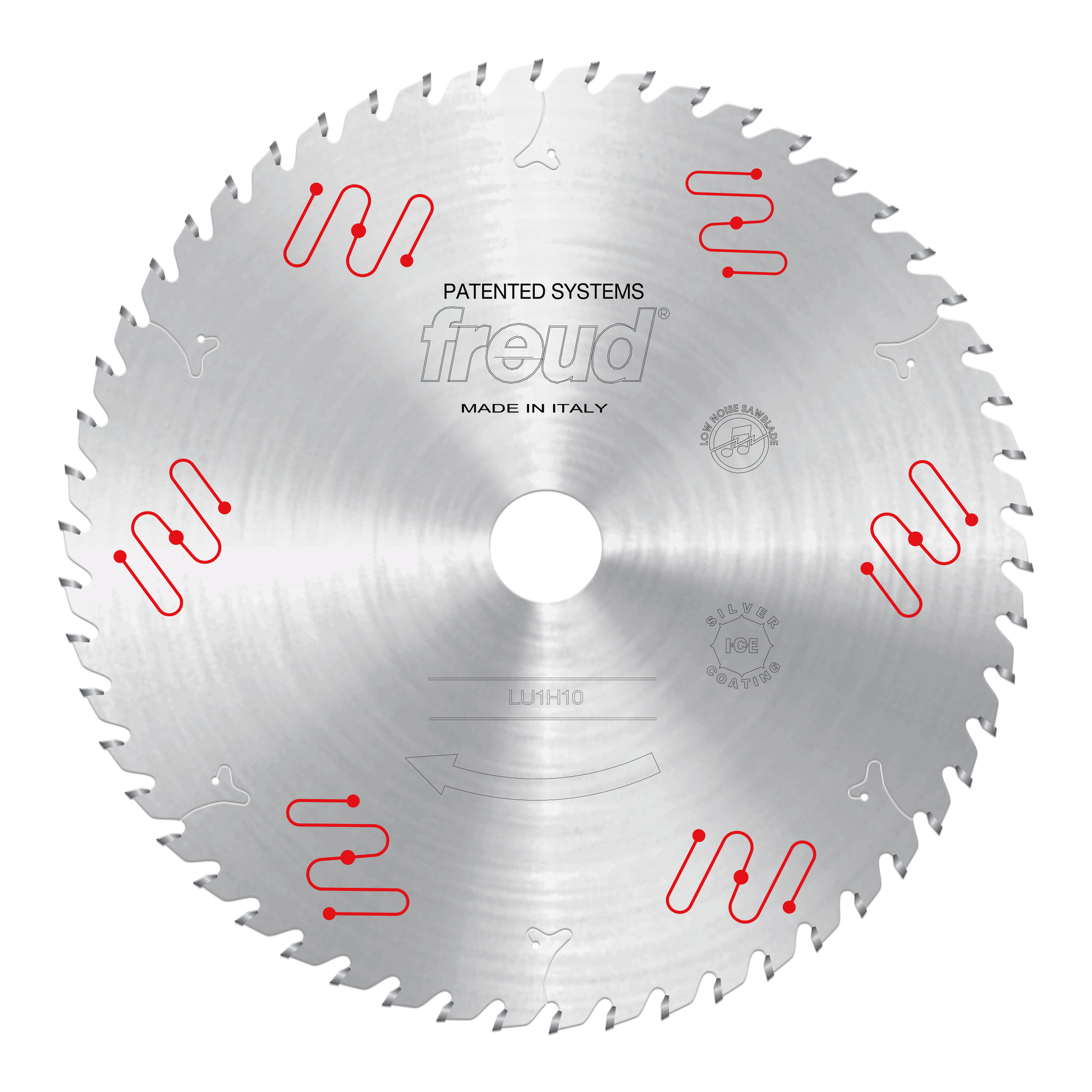 Circular saw blade with carbide-tipped teeth, silver finish, center arbor hole, and red patent system markings around the edg