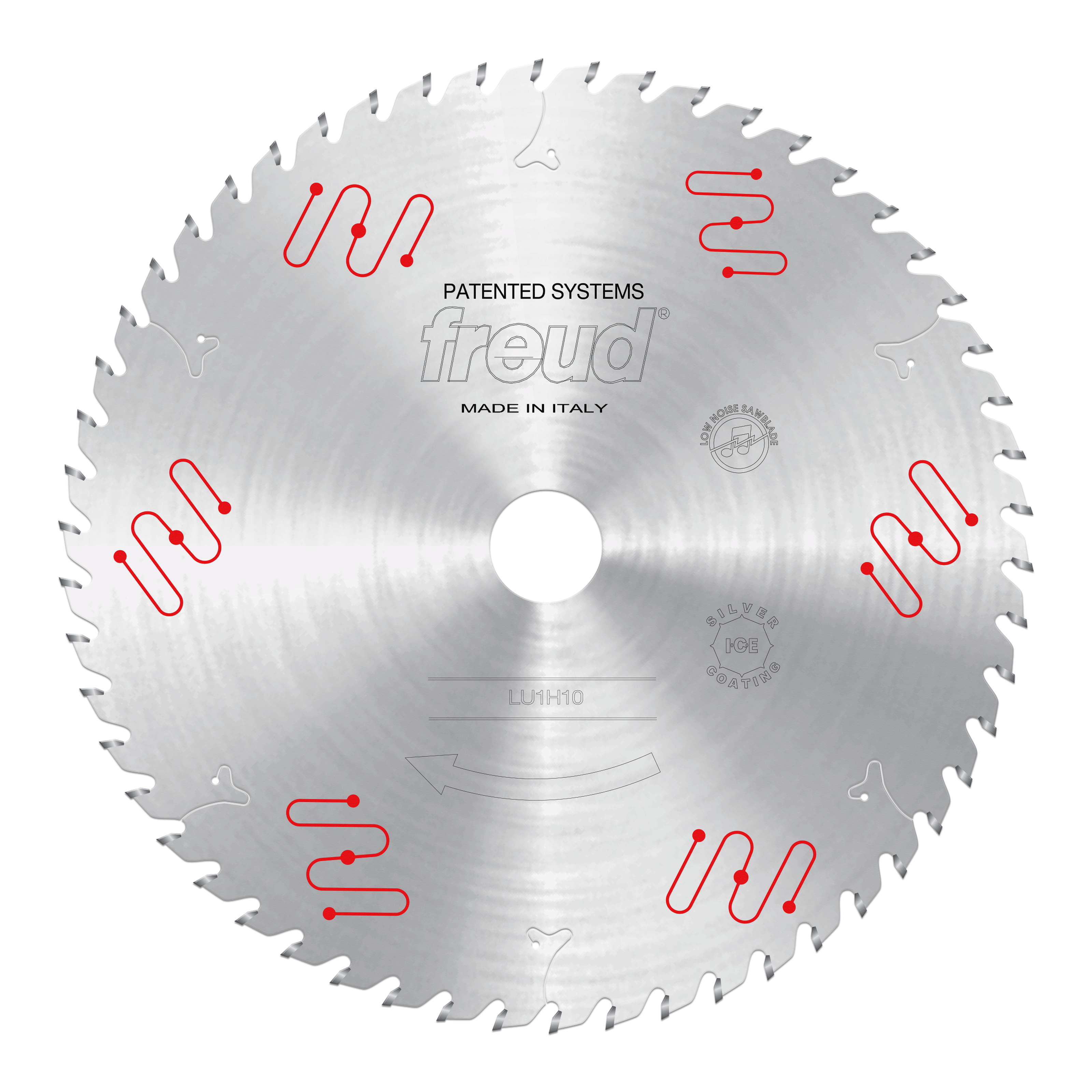 Circular saw blade with carbide-tipped teeth, silver finish, center arbor hole, and red patent system markings around the edg