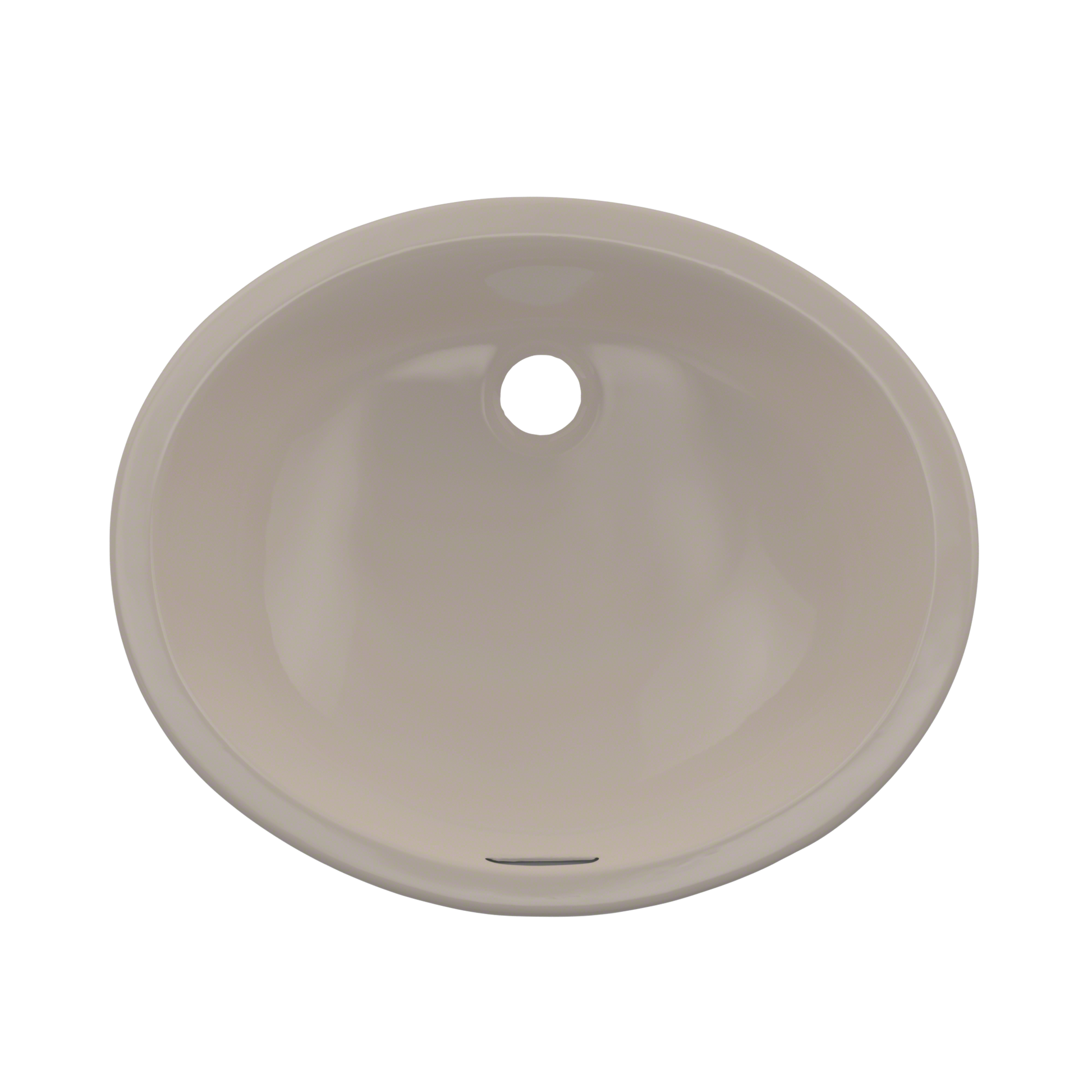 Bone-colored oval undermount bathroom sink with single faucet hole, viewed from above.