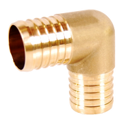 Brass elbow fitting with ridged crimp connections on two perpendicular ends for PEX tubing.