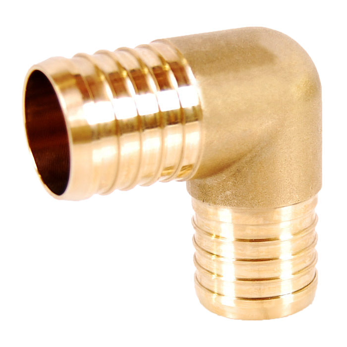 Brass elbow fitting with ridged crimp connections on two perpendicular ends for PEX tubing.