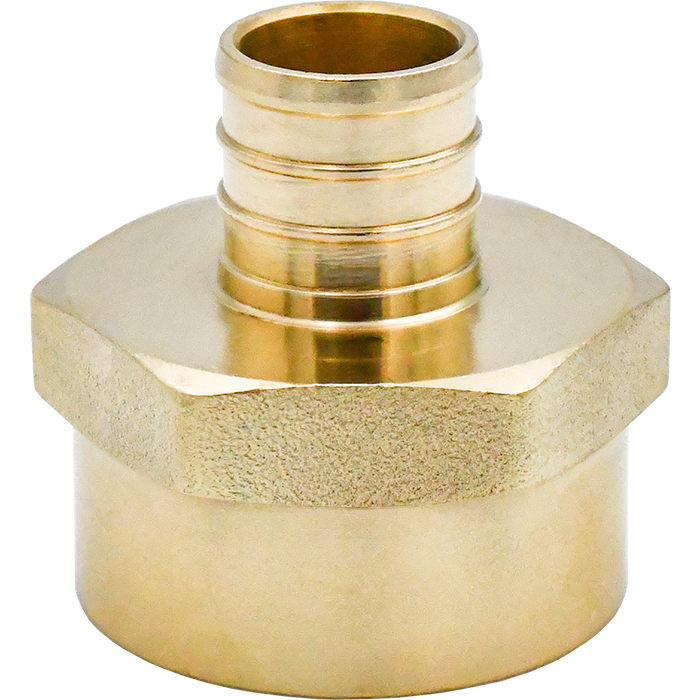 Brass PEX adapter with 3/4" barbed inlet and 1/2" female NPT threaded outlet.