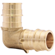 Brass PEX elbow connector with 3/4" barbed and female threaded ports at 90-degree angle.