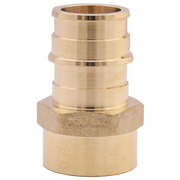 Brass adapter fitting with ribbed upper section and hexagonal collar for connecting PEX tubing to female threaded ports.