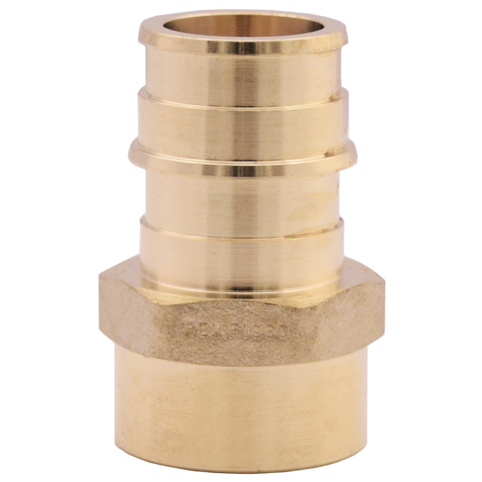 Brass adapter fitting with ribbed upper section and hexagonal collar for connecting PEX tubing to female threaded ports.