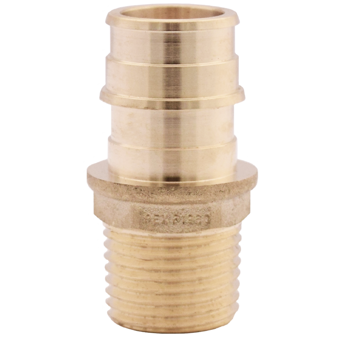 Brass PEX adapter with 1/2" barbed connection on top and male threaded connection on bottom.
