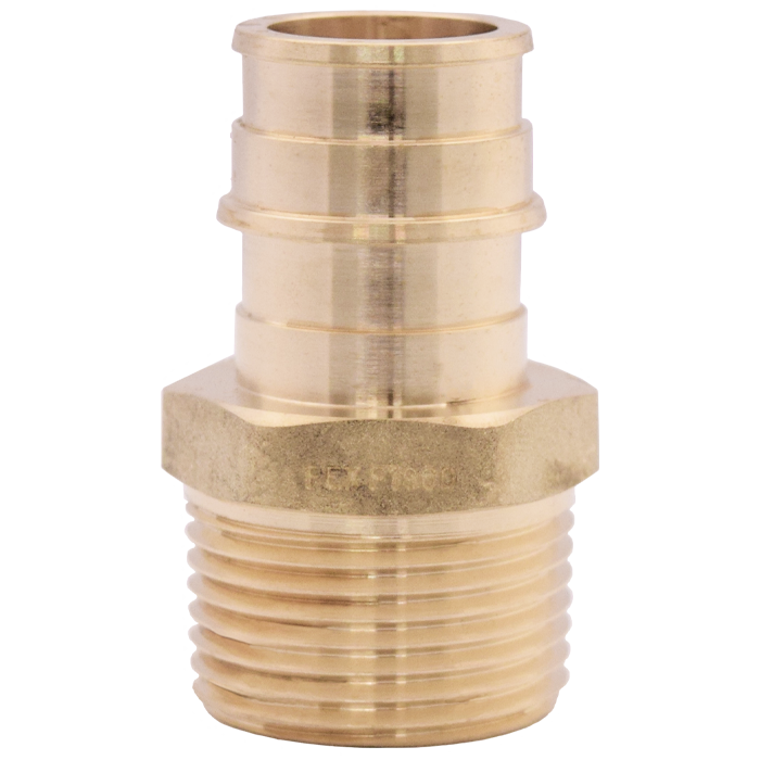 Brass PEX expansion adapter with male threaded end, showing ribbed connection on top and grooved threads on bottom.