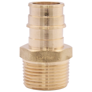 Forged brass PEX to male threaded adapter with ribbed connection ends and hexagonal body, shown at angle.