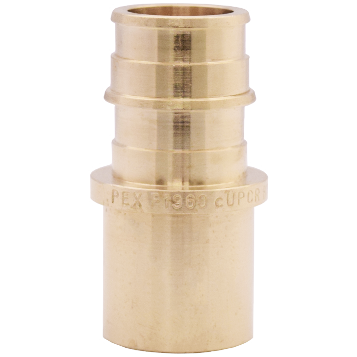 Brass PEX expansion fitting adapter with ridged upper section and smooth lower section, marked with specifications.