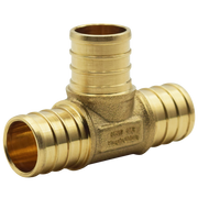 Brass PEX tee fitting with three 1-1/4" crimp connections and forged brass construction.