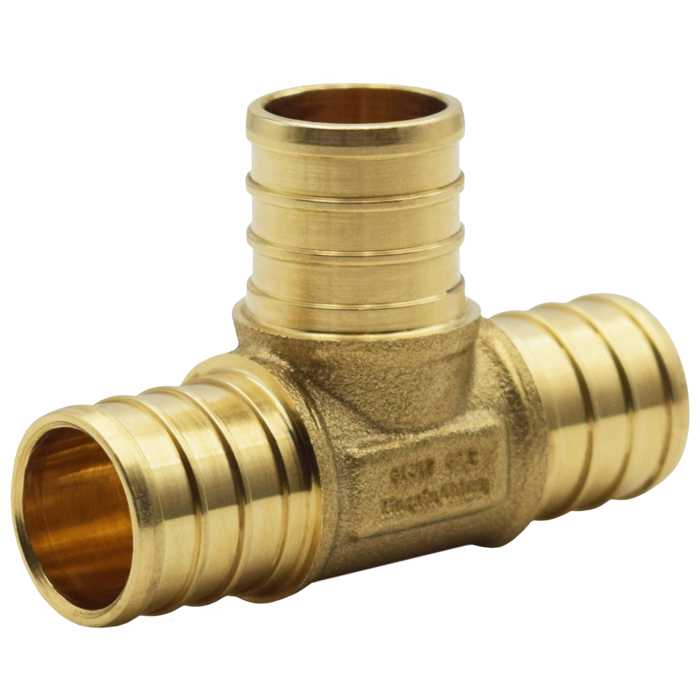 Brass PEX tee fitting with three 1-1/4" crimp connections and forged brass construction.