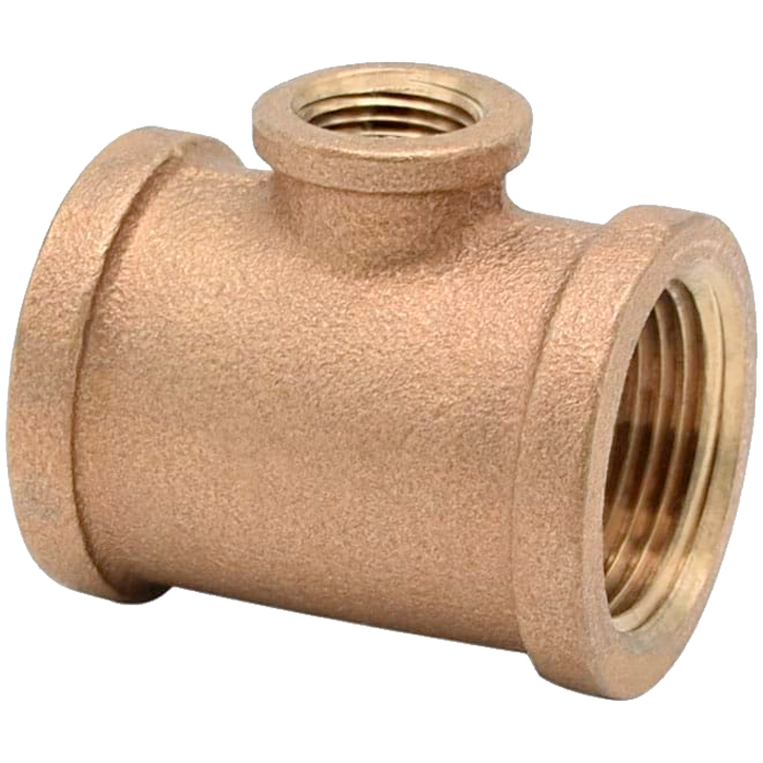 Cast bronze reducing tee with three threaded ports in different sizes for plumbing connections.