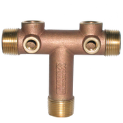 Brass tank tee fitting with two threaded side ports and one threaded bottom port.