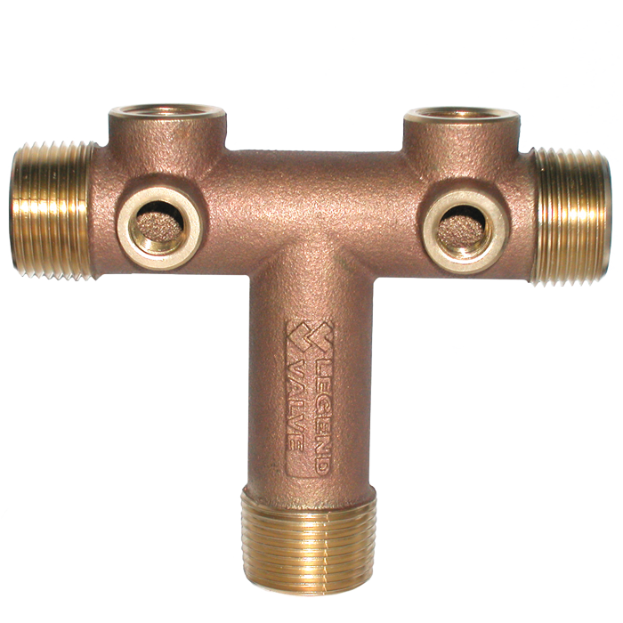 Brass tank tee fitting with two threaded side ports and one threaded bottom port.