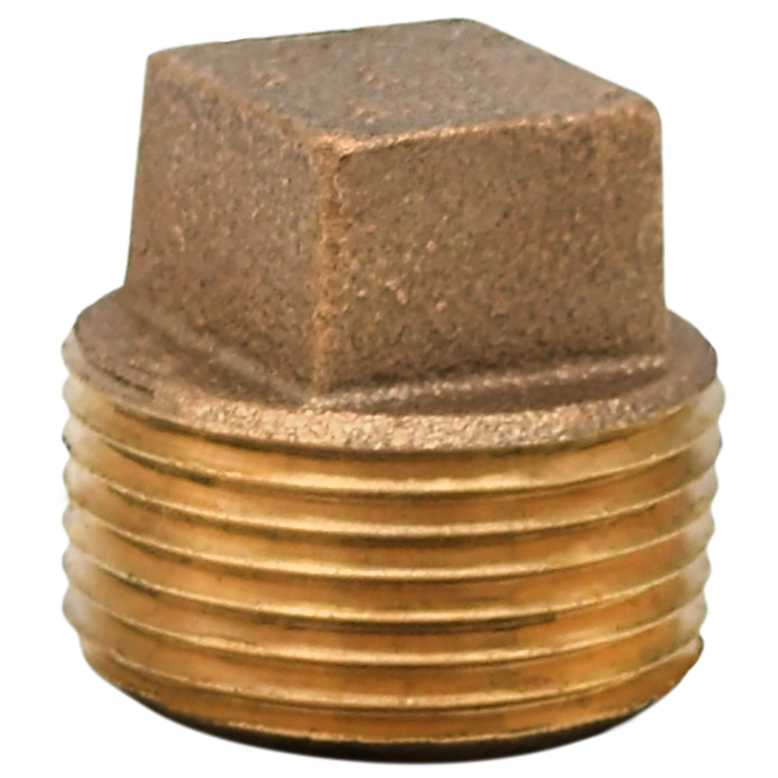 Bronze square head pipe plug with threaded male connection on cylindrical base.